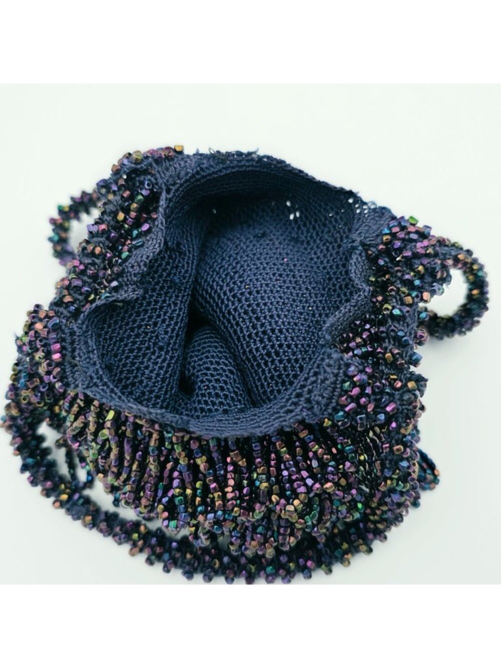 1930s  Handcrafted Beaded Black Iridescent Evening Bag With Fringe Detail - Picture 4 of 6